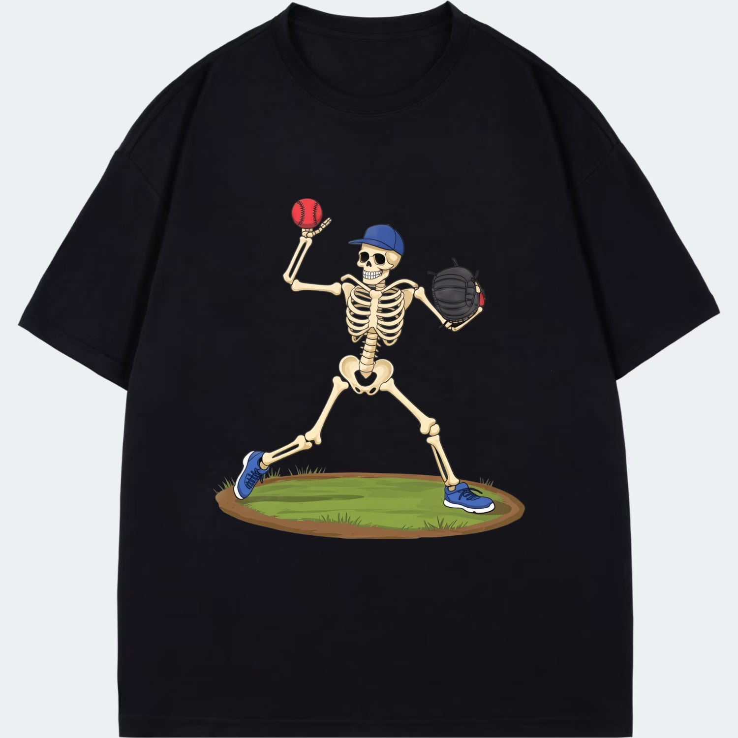 Baseball Skeleton T Shirt Black Cartoon Skeleton Pitching Baseball ...