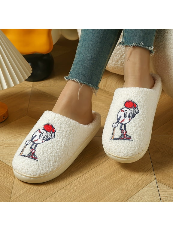 Baseball Slippers for Women, Closed Toe Sherpa House Shoes with Embroidered Cartoon Baseball, Cushioned Flat Non-Slip Bedroom Mule Slippers Gifts