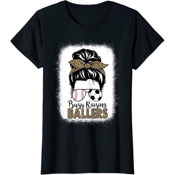 Baseball Soccer Mom Messy Bun Leopard Busy Raising Ballers T-Shirt