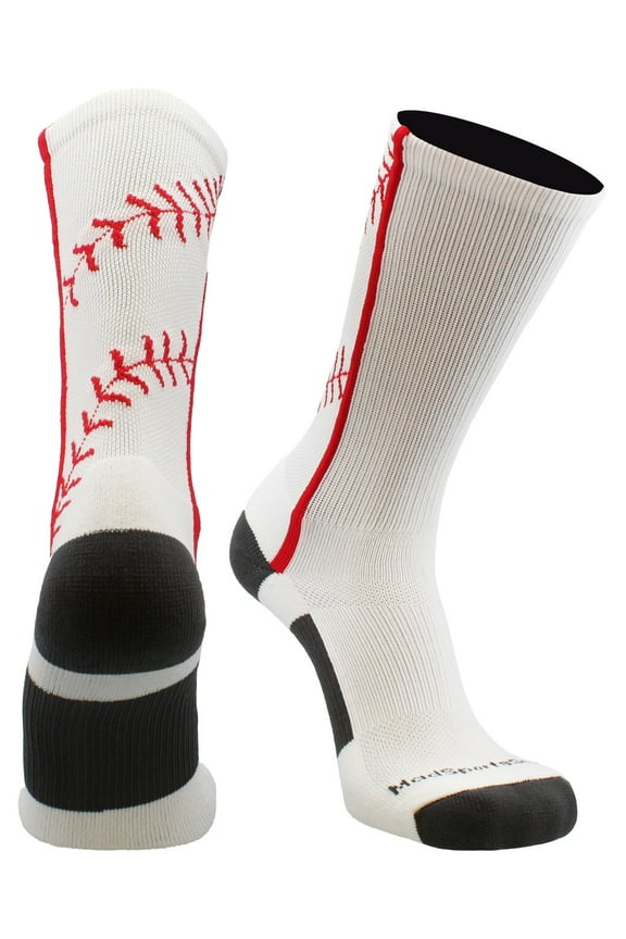 Baseball Socks with Stitches in Crew Length (White/Red, Medium)