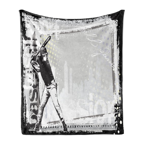 Baseball Soft Flannel Fleece Blanket, Hitter in Field Graphic Distressed Backdrop Fast as You Can Image Baseball Themed, Cozy Plush for Indoor and Outdoor Use, 70" x 90", Black White, by Ambesonne
