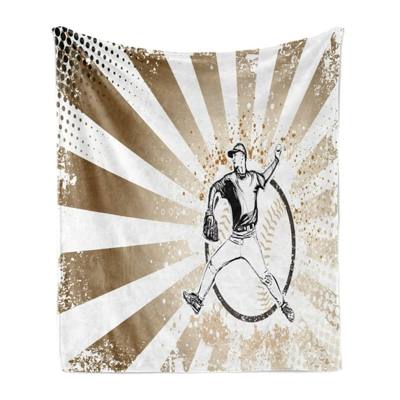 Baseball Soft Flannel Fleece Blanket, Retro Illustration of Baseball Player on Distressed Striped Pattern Pop Art Image, Cozy Plush for Indoor and Outdoor Use, 60" x 80", Brown White, by Ambesonne