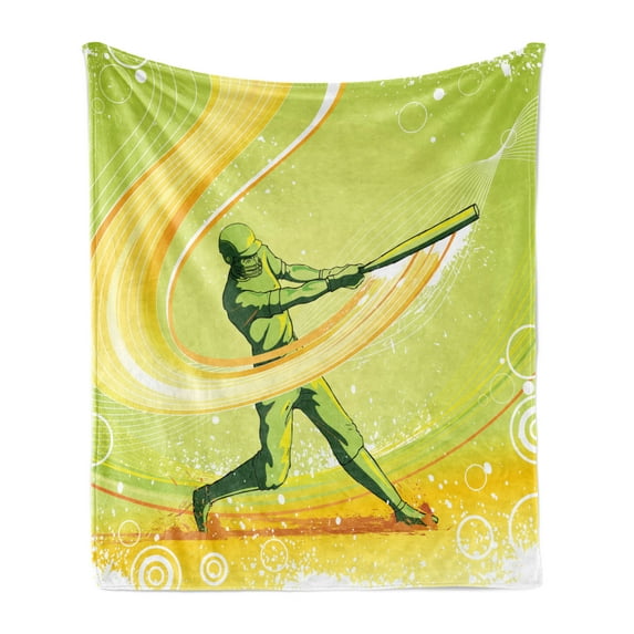 Baseball Soft Flannel Fleece Throw Blanket, Baseball Player Hits Ball Batter Athlete Pitcher League Team Illustration, Cozy Plush for Indoor and Outdoor Use, 50" x 70", Green Yellow, by Ambesonne