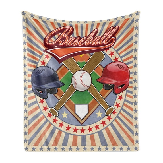 Baseball Soft Flannel Fleece Throw Blanket, Retro Pop Art Softball Logo Vertical Striped Setting Bat and Ball Game Print, Cozy Plush for Indoor and Outdoor Use, 50" x 70", Multicolor, by Ambesonne
