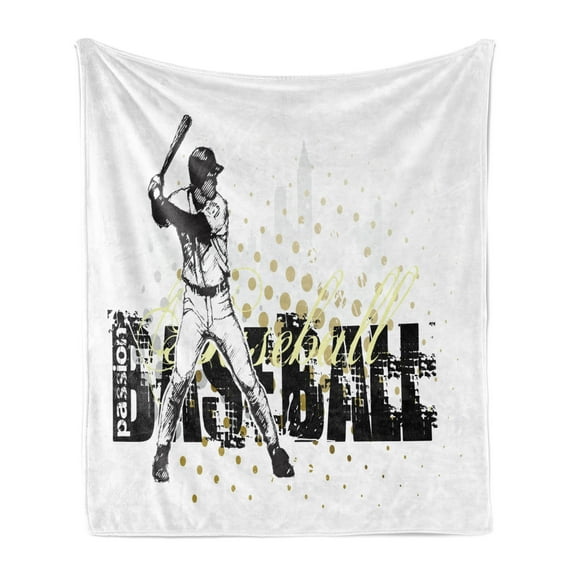 Baseball Soft Flannel Fleece Throw Blanket, Softball Background Dots and Grunge Dark Lettering Batting Team Game, Cozy Plush for Indoor and Outdoor Use, 50" x 60", Black Yellow White, by Ambesonne