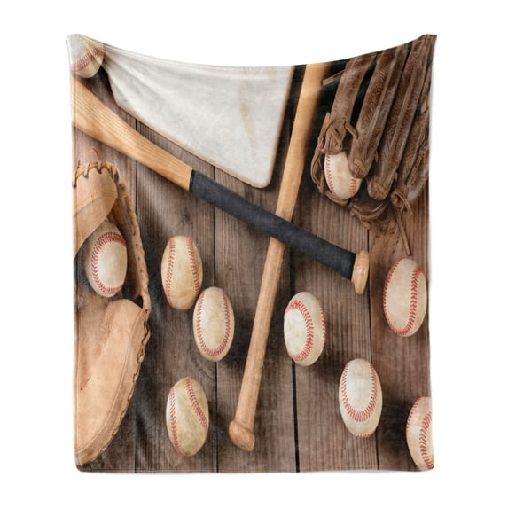 Baseball Soft Flannel Fleece Throw Blanket, Sports Themed Close up Photo of Bats Balls and Gloves Top Vista, Cozy Plush for Indoor and Outdoor Use, 50" x 70", Brown Pale Brown, by Ambesonne