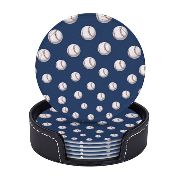 Baseball Softball Ball Coasters With Leather Holder Set Of 6 Round Coasters for Home and Kitchen Decor