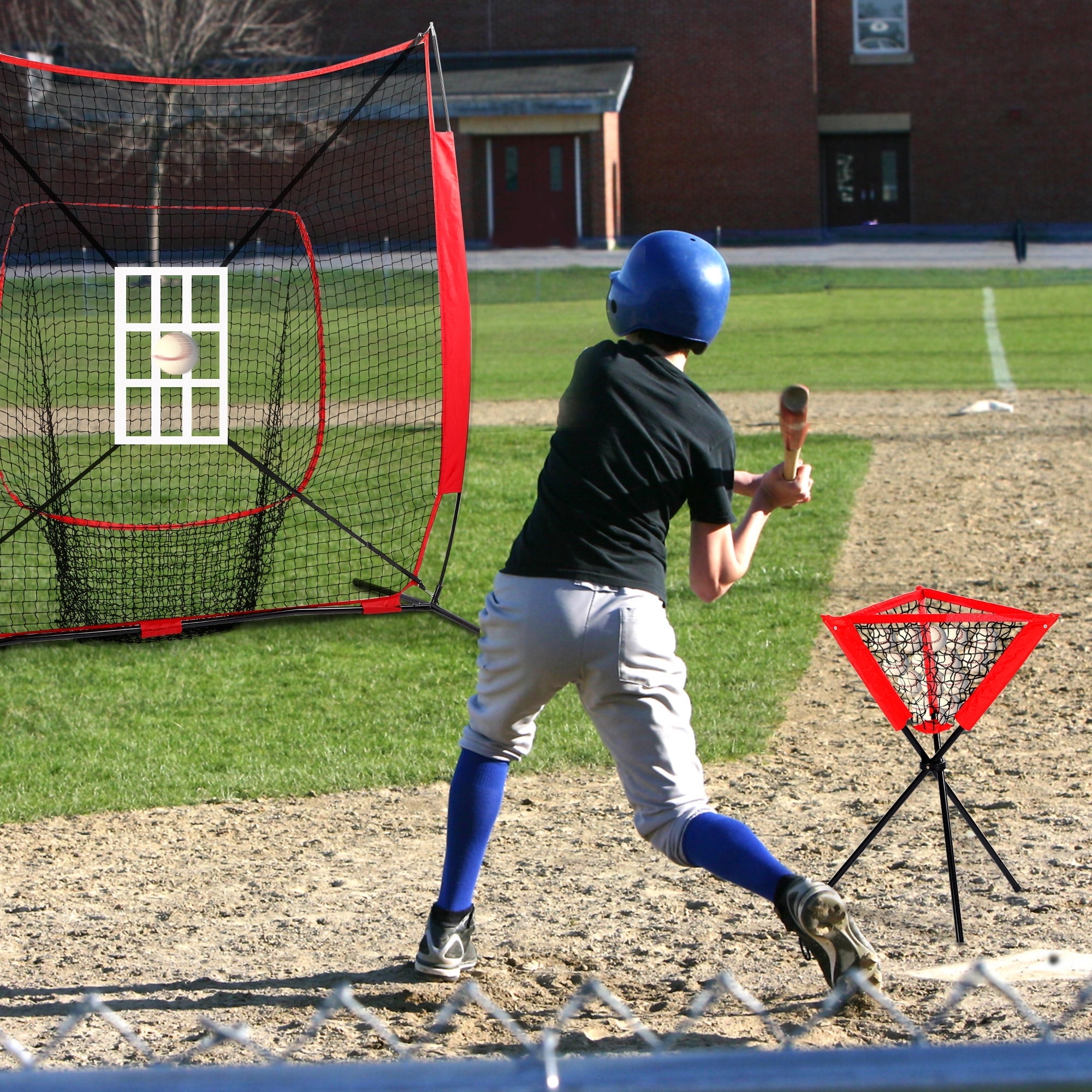 Baseball and Softball Bundle, 7'7' Baseball Net with Batting Net, Baseball Tee, Caddy, 2 Strike Zone, Carry Bag, Baseball Practice Net for Batting Hitting and Pitching