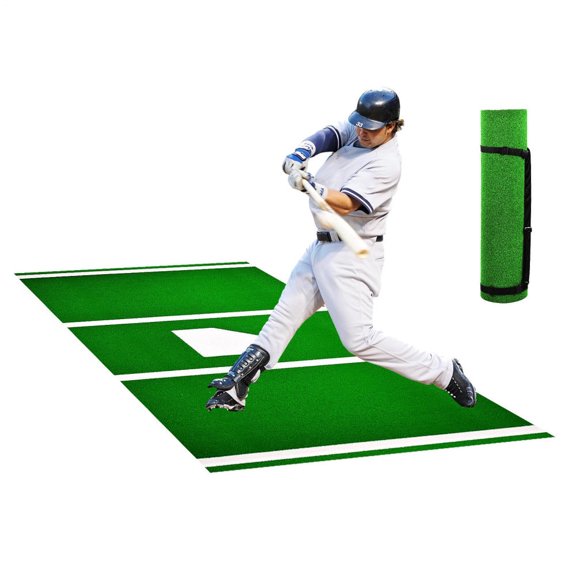 Baseball Softball Hitting Batting Mat, 118x 45.66In Indoor/Outdoor Softball Mat, Lined & Foam Backing Anti-Slip Anti-Fade Softball Training Aid, Portable Practice Mat with Tightening Rope, Green