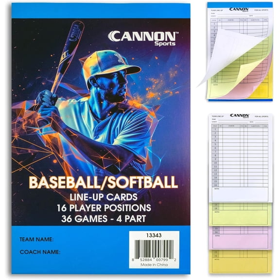 Baseball Softball Lineup Cards - 36 Games, 16 Player Roster, 4-Part Carbon Copies - Lineup Sheets for Baseball/Softball