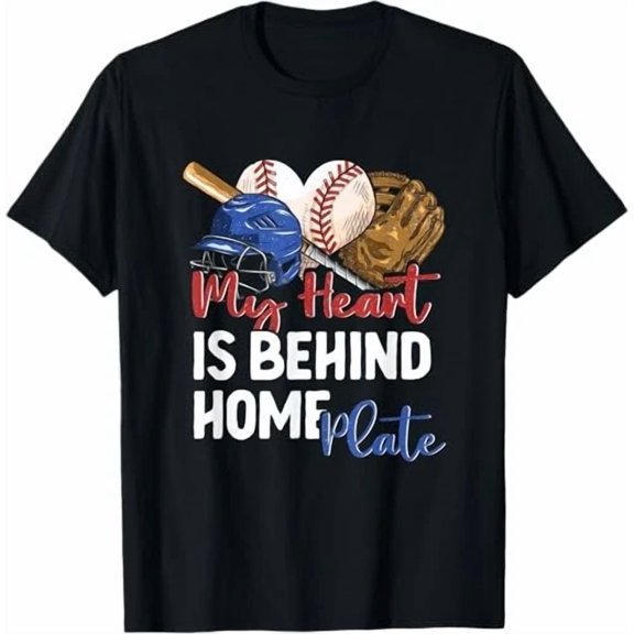 Baseball Softball Mom Heart Is Behind Home Plate Graphic Unisex T-Shirt, S-5XL