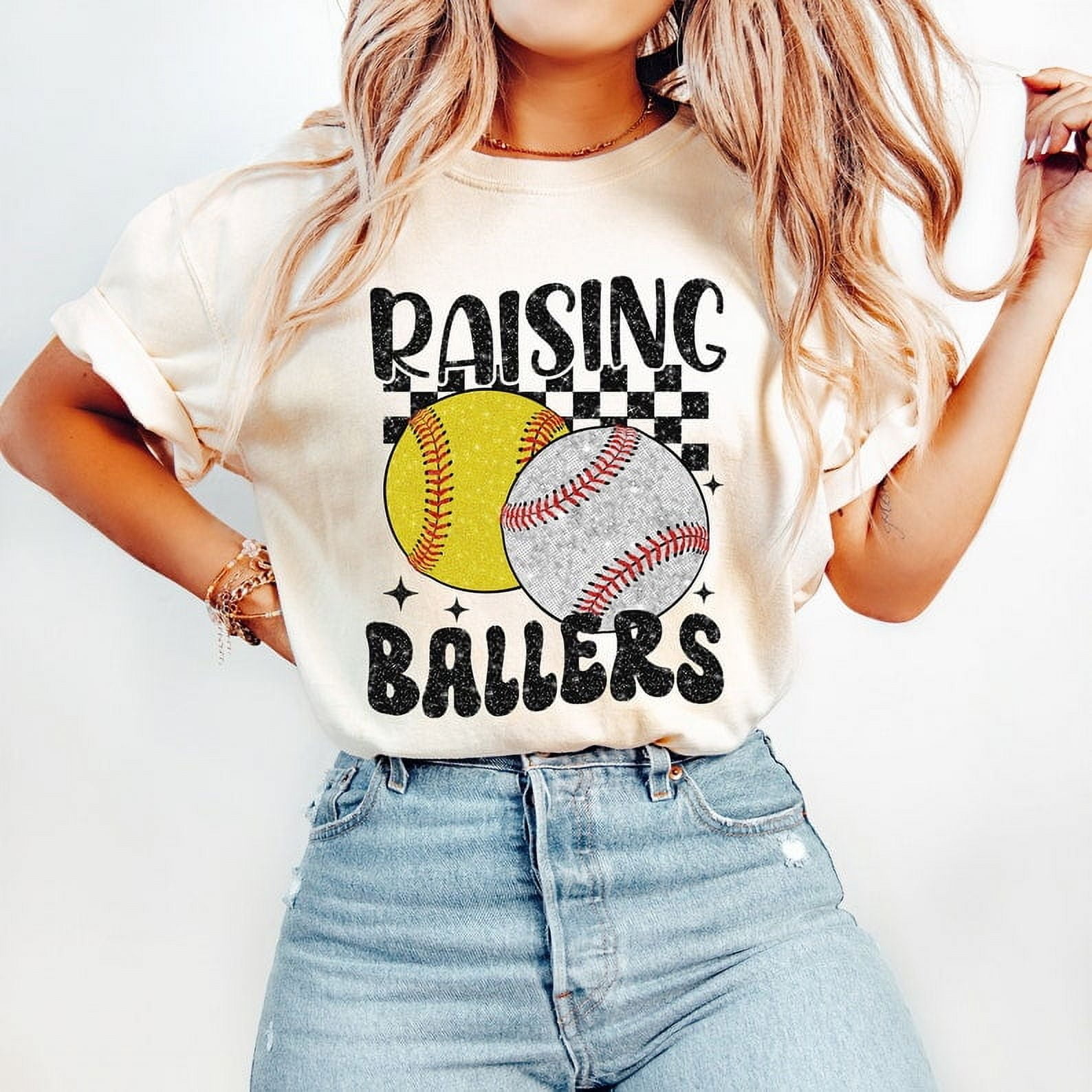 Baseball & Softball Mom T-Shirt, Retro Glitter Sports Tee, Raising Ballers Shirt, Game Day Baseball Tee
