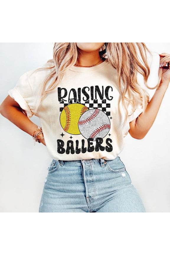 T-Shirt, Retro Glitter Sports Tee, Raising Ballers Shirt, Game Day Baseball Tee