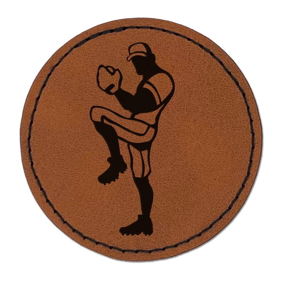 Baseball Softball Pitcher Winding Up 2.5" Faux Leather Round Engraved Iron-On Patch - Brown