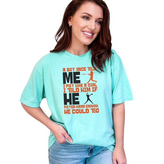 Baseball Softball Play Like A Girl, Chalky Mint Comfort Colors T-Shirt, Large