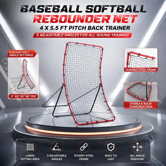 Baseball Softball Rebounder Net, 4 X 5.5 Ft Pitch Back Trainer, 5 Adjustable Angles, Steel Frame
