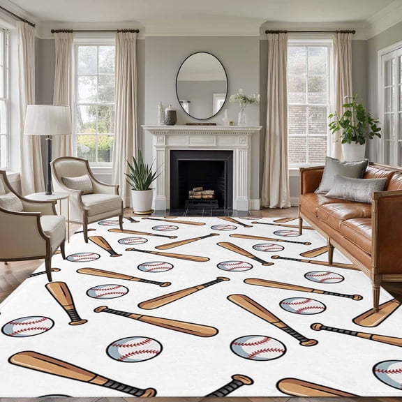 Baseball Sport Area Rugs 5'x8', Washable Small Throw Rugs for Classroom Bedroom, Cartoon Classic Baseball Pattern Indoor Outdoor Rug Non-Slip Low Pile Carpet Runner Reversible Floor Mats
