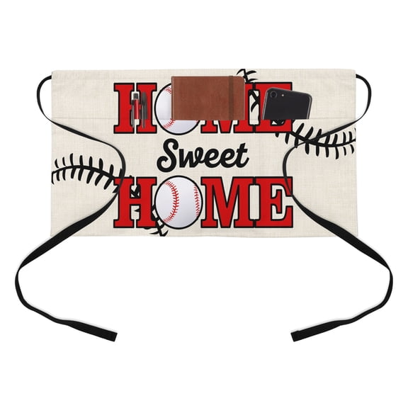Baseball Sport Half Waist Apron Home Sweet Beige Linen Texture Abstract Short Waiter Aprons with 3 Pockets for Women Men Kitchen Restaurant Cooking