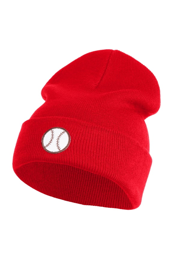 Baseball Sport Iron on Patched 12 Inch Long Knitted Beanie - Red OSFM