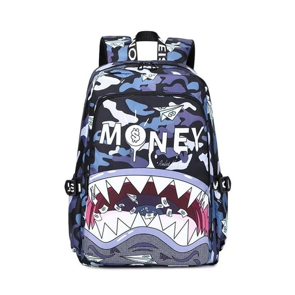 Shark Mouth Fashion Backpack for Boys Girls, Camo Big Capacity Bookbag Travel Laptop Daypack-Blue