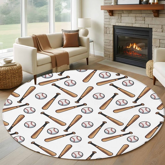 Baseball Sport Round Area Rug 6Ft Washable Circle Rugs for Bathroom Office, Cartoon Classic Baseball Pattern Non-Slip Carpet Floor Mats Indoor Outdoor Carpet Runner Aesthetic Home Decor