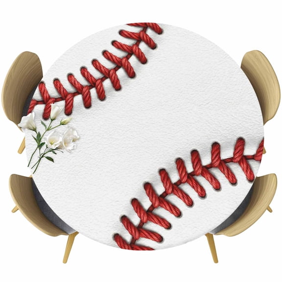 Baseball Sport Round Tablecloth 36-44 Inch Round Fitted Table Cloth with Elastic Edge, Modern Abstract Stitching Red Lines Waterproof Table Cover Protector for Outdoor Picnic Party Dining
