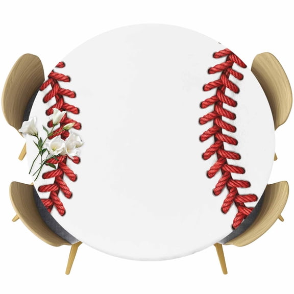 Baseball Sport Round Tablecloth 45-54 Inch Round Fitted Table Cloth with Elastic Edge, Abstract Rugby Stitching Red Lines Waterproof Table Cover Protector for Outdoor Picnic Party Dining