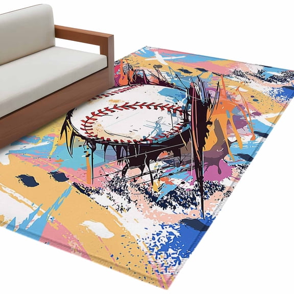 Baseball Sports, 3'x5' Washable Rug, Minimalist Geometric Smear Art Non-Slip Area Rugs for Entryway Kitchen Classroom, Dorm Throw Carpet, Low Pile Soft Indoor Floor Mat