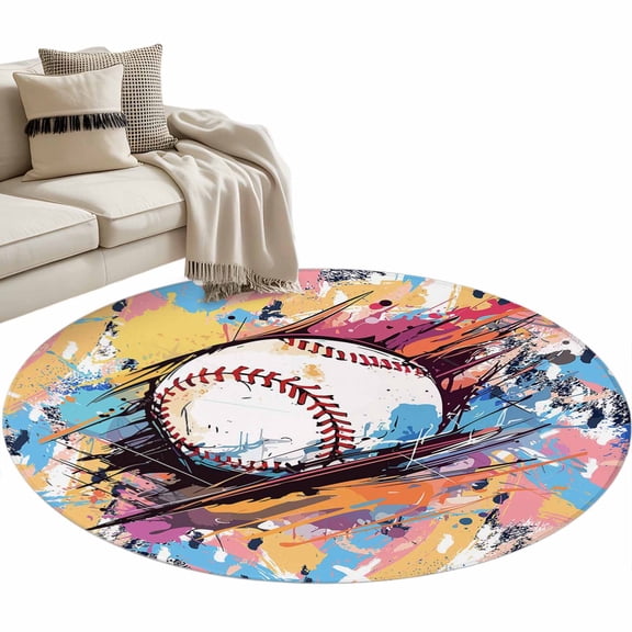 Baseball Sports, 3ft Area Rug, Minimalist Geometric Smear Art Washable Non-Slip Small Round Rugs for Entryway Bedroom Kitchen, Soft Circle Carpet for Dining Room, Playroom Nursery Rug