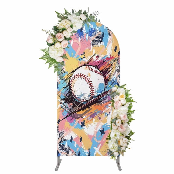 Baseball Sports, Arch Backdrop Cover 4FT, Minimalist Geometric Smear Art Spandex Fitted Stretchy Arch Stand Covers, Round Top Chiara Backdrop Cover for Wedding Party Birthday Baby Shower