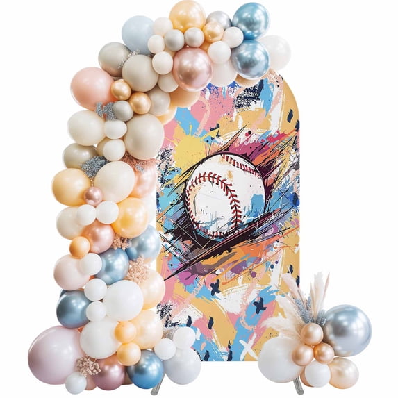 Baseball Sports Arch Backdrop Cover, Spandex Fitted Wedding Arch Cover, Minimalist Geometric Smear Art Round Top Stand Covers for Birthday Ceremony Bridal Shower Party Decor 5x2.1 Ft