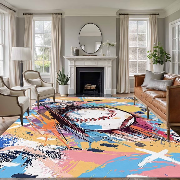 Baseball Sports, Area Rug 6x9 FT, Non Slip Living Room Throw Carpet, Minimalist Geometric Smear Art Washable Soft Large Floor Carpet Non-Shedding Rug for Bedroom Dining Room Play Room