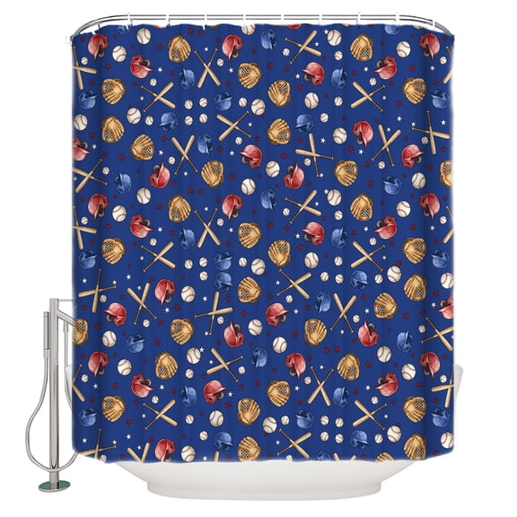 Baseball Sports Bathroom Shower Curtains with 12 Hooks Polyester Waterproof Shower Curtain for Stalls and Bathtubs Modern Classic American Balls Blue Decorative Bathroom Privacy Curtain 36x72 Inches