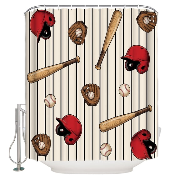 Baseball Sports Bathroom Shower Curtains with 12 Hooks Polyester Waterproof Shower Curtain for Stalls and Bathtubs Modern Classic American Balls Striped Decorative Bathroom Curtain 48x72 Inches