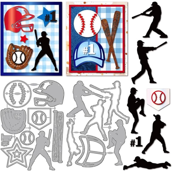 Baseball Sports Cutting Dies Baseball Player Action Metal Die Cuts Template Bat Helmet Gloves Embossing Carbon Steel Stencils for Card Making Scrapbooking Album Handbook Gift Decoration