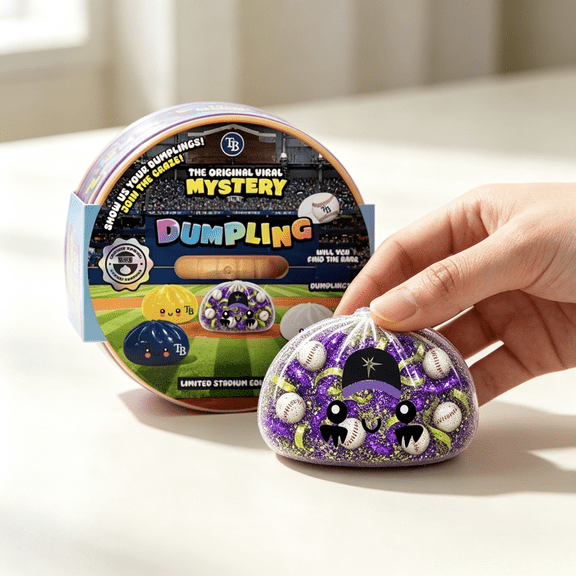 Baseball Sports Fan Mystery Dumpling Squishy,Transparent Squeeze Stress Toy Filled With Mini Baseball & Purple Glitter, Limited Stadium Collectible Fidget, Novelty Desktop Gift For Sports Enthusiasts