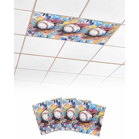 Baseball Sports,Fluorescent Light Covers for Ceiling Lights 4x2 feet,4 Pack Magnetic Light Filters for Classroom,Minimalist Geometric Smear Art Fluorescent Light Shade Panel for Office School Drop