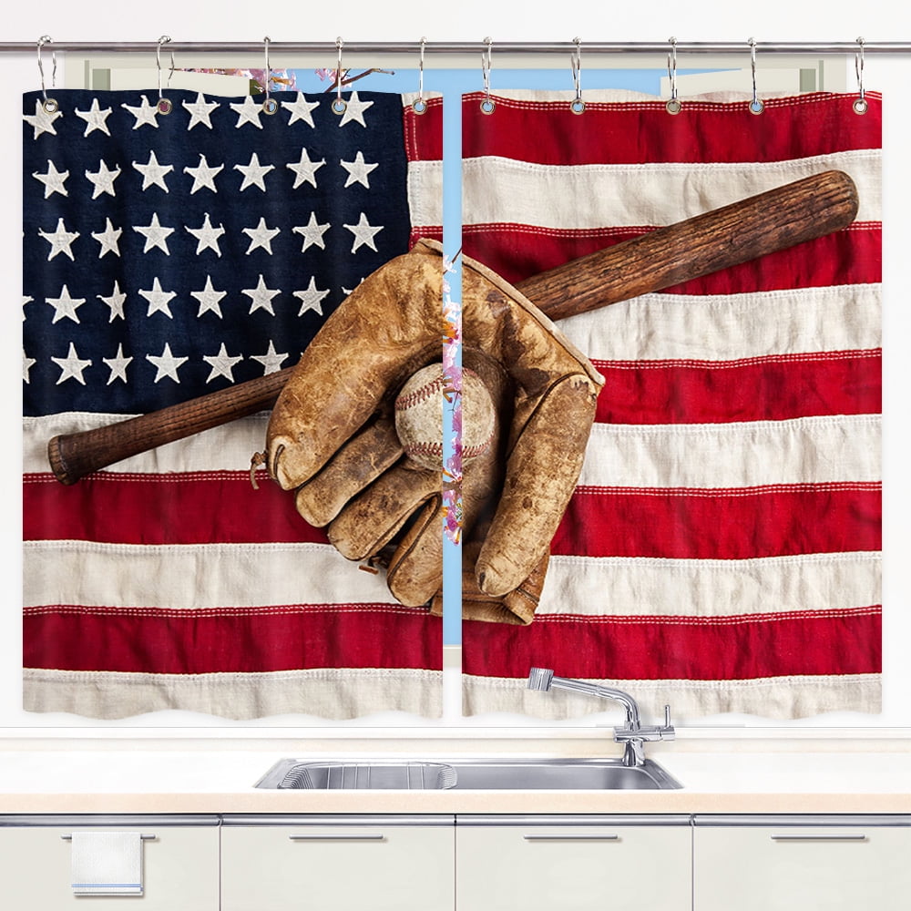 Baseball Sports Kitchen Curtain, Vintage USA Grunge Glove Bat Fielding
