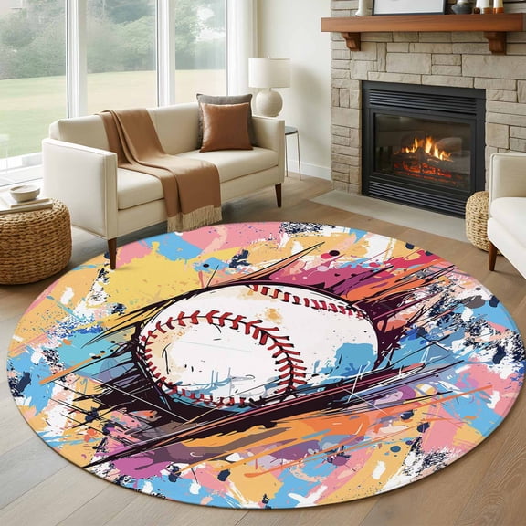 Baseball Sports, Round Area Rug 6 FT, Non Slip Bedroom Area Rug, Minimalist Geometric Smear Art Washable Soft Circular Carpet Non-Shedding Floor Mat for Kitchen Dining Room Home Office Kids Room