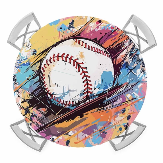 Baseball Sports Round Tablecloth for 45-54 Inch Tables, Fitted Table Cover with Elastic Edge, Minimalist Geometric Smear Art Waterproof Outdoor Table Cloth Protector for Patio Garden Dinner Picnic