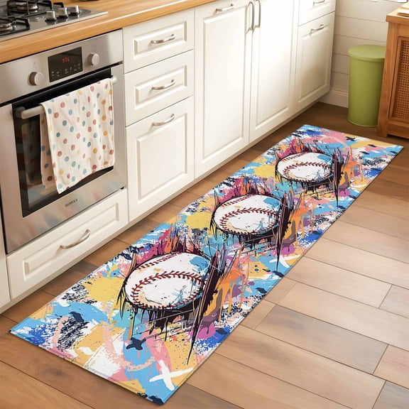 Baseball Sports, Runner Rug 2x6 FT, Non Slip Hallway Carpet, Minimalist Geometric Smear Art Washable Soft Floor Carpet Throw Runner Carpet Long Rug for Entryway Kitchen Bedside Sliding Door