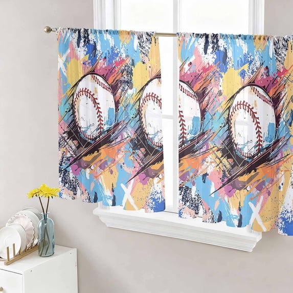 Baseball Sports, Semi Sheer Window Curtains 45 Inches Long, Minimalist Geometric Smear Art Rod Pocket Voile Silky Chiffon Curtain Light Filtering Drapes for Living Room, Kitchen, 52"x45", 2 Panels