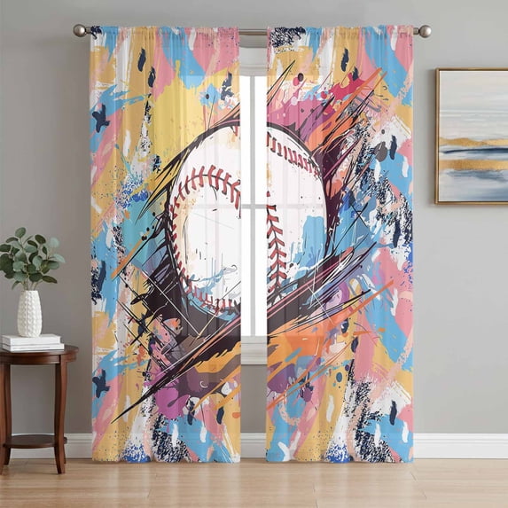 Baseball Sports, Semi Sheer Window Curtains 96 Inches Long, Minimalist Geometric Smear Art Rod Pocket Voile Silky Chiffon Curtain Light Filtering Drapes for Living Room, Kitchen, 52"x96", 2 Panels