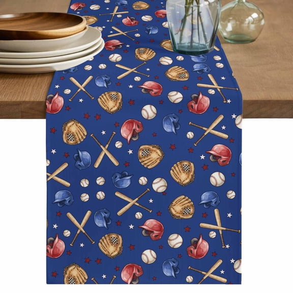 Baseball Sports Short Table Runner 36 Inches Long,Modern Classic American Balls Blue Cotton Linen Table Runners Dresser Scarves,Fabric Tabletop Scarf Furniture Cover for Home Dinner Party 13"x36"