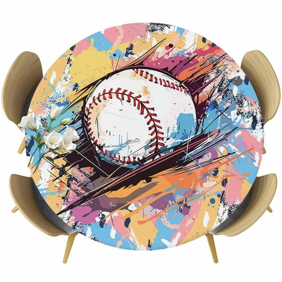 Baseball Sports Table Cloth, Round Fitted Tablecloths with Elastic Edge, Minimalist Geometric Smear Art Wipeable Waterproof Table Cover for Kitchen Wedding 45-54 Inches