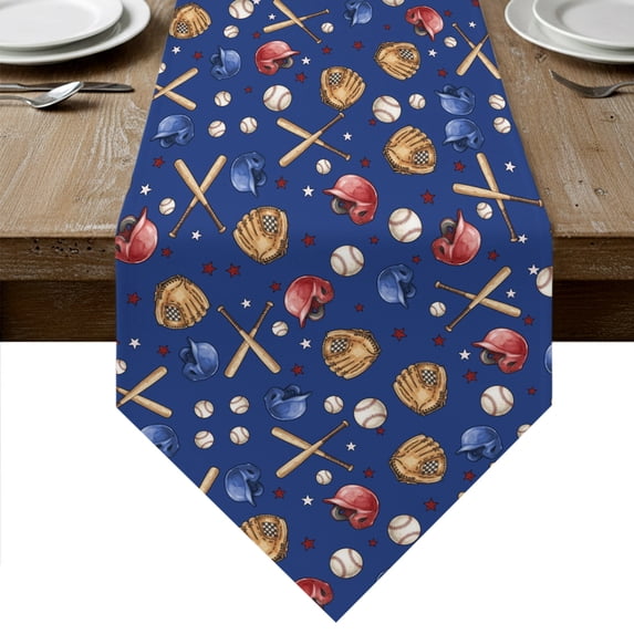 Baseball Sports Table Runner Linen Burlap Table Runner 120 Inches Long Modern Classic American Balls Blue Dresser Scarves for Kitchen Island Coffee Dining Room Party Wedding Holiday Decor 13"x120"