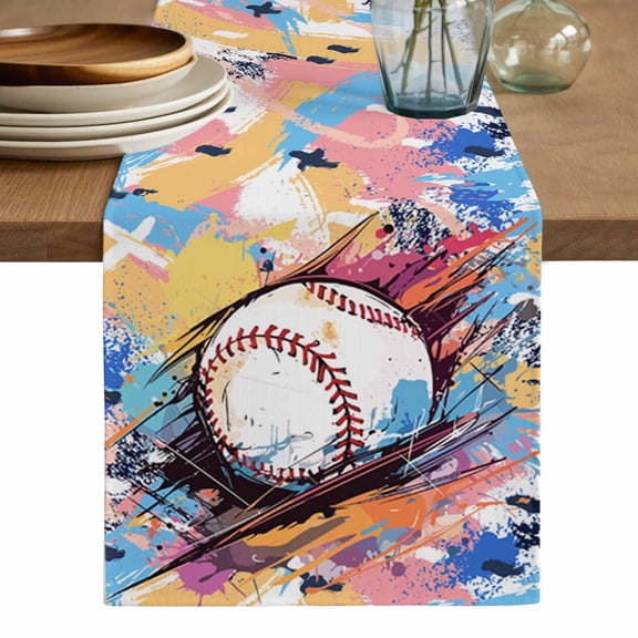 Baseball Sports Table Runner, Minimalist Geometric Smear Art Washable Cotton Linen Table Runners 48 Inches Long, Dresser Scarf Runner for Nightstand/Coffee/End Tables 13''x48''