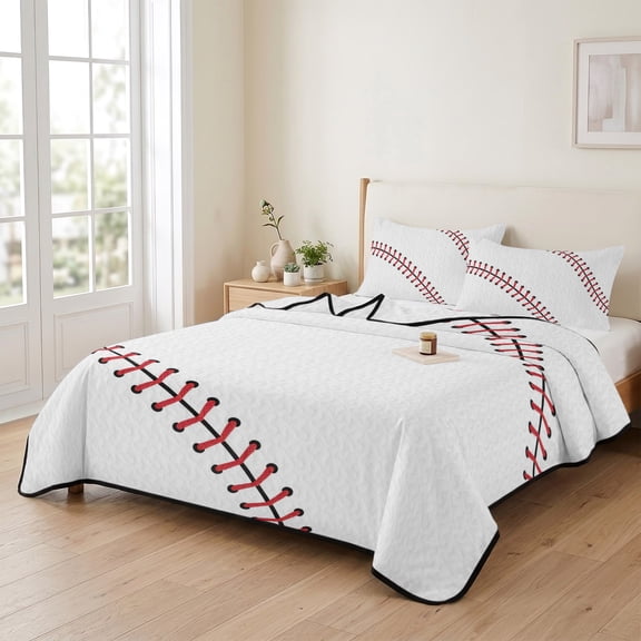 Baseball Sports Texture 3 Pieces Quilt Set,1 Quilt with 2 Shams,White Red Lines Bedspread Soft Lightweight Bedding Coverlet Comforter Set for All Season 90"x96"