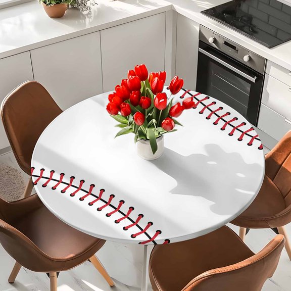 Baseball Sports Texture Round Fitted Tablecloth with Elastic Edge,Waterproof Table Cloth Fits Tables Up to 36"-44",Wipeable Washable Table Cover for Indoor Outdoor Dinning Party,White Red Lines