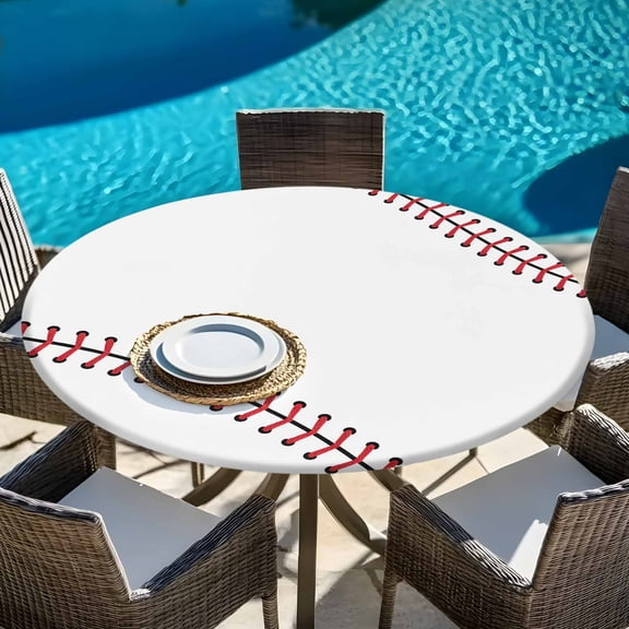 Baseball Sports Texture Round Fitted Tablecloth with Elastic Edge,Waterproof Table Cloth Fits Tables Up to 45"-54",Wipeable Washable Table Cover for Indoor Outdoor Dinning Party,White Red Lines